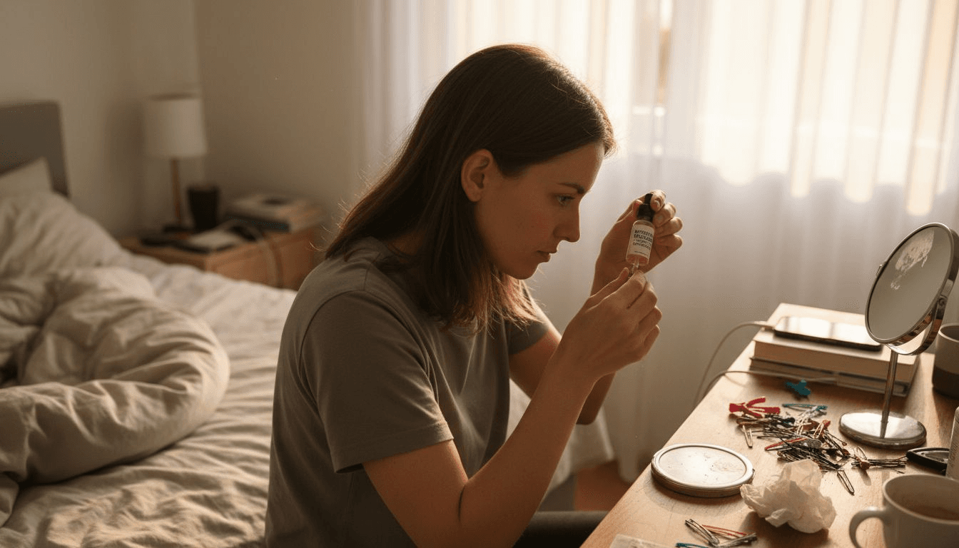 Eine Frau trägt im Rahmen ihrer täglichen Pflegeroutine Minoxidil auf.