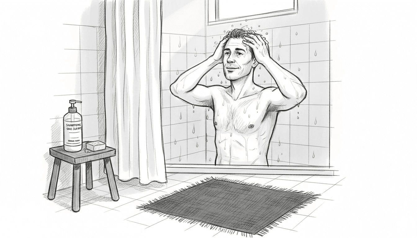 Un homme prend soin de ses cheveux en les lavant avec un shampoing d'origine naturelle.