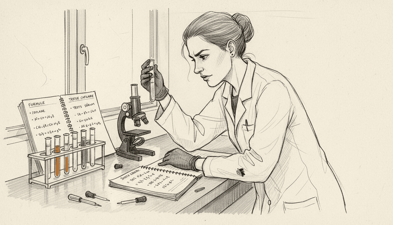 Un technicien de laboratoire en pleine mise au point d’un nouveau sérum capillaire.