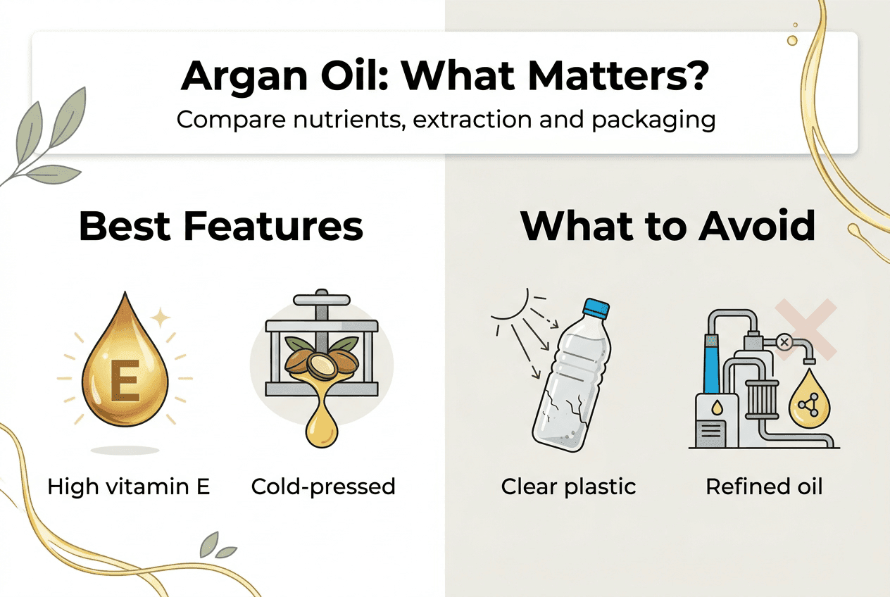 Infographic comparing argan oil features and quality