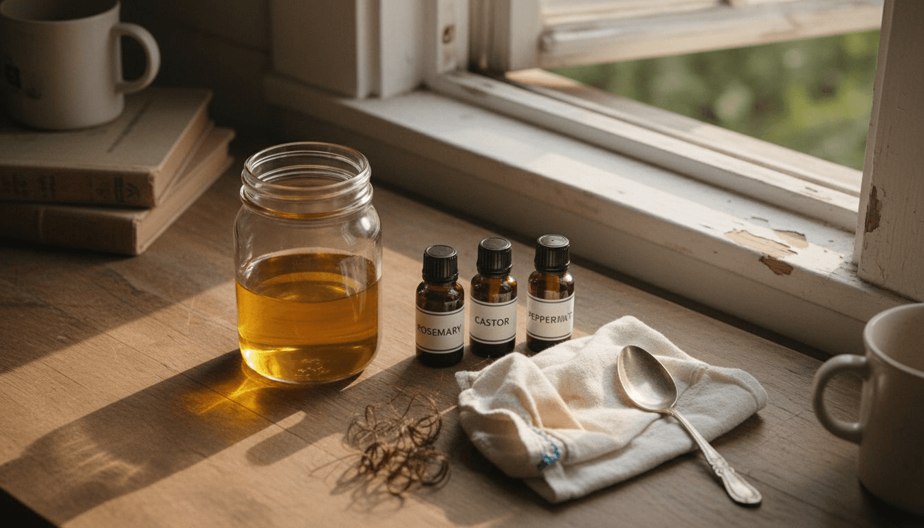 Natural oils and supplies on a wood table