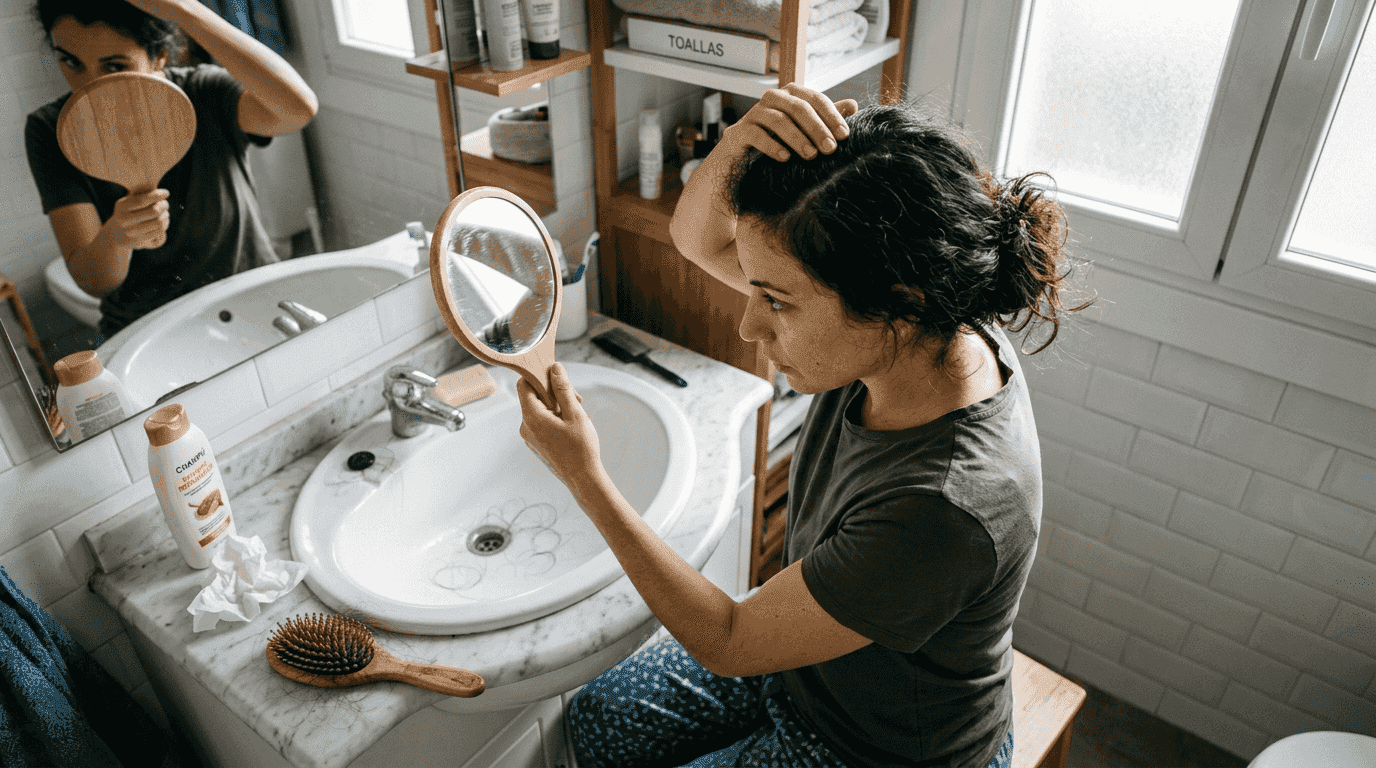 Una mujer se observa el cabello frente al espejo para ver si se le está cayendo o afinando.