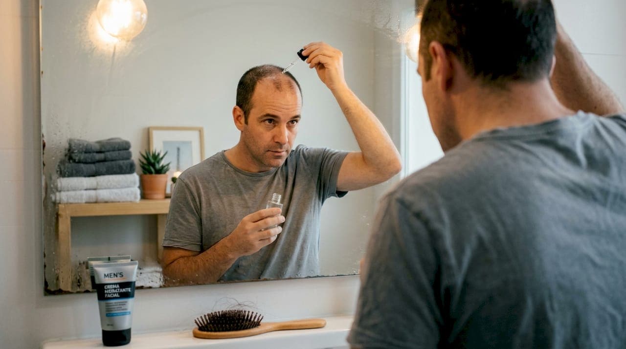 Rutina diaria de aplicar minoxidil frente al espejo
