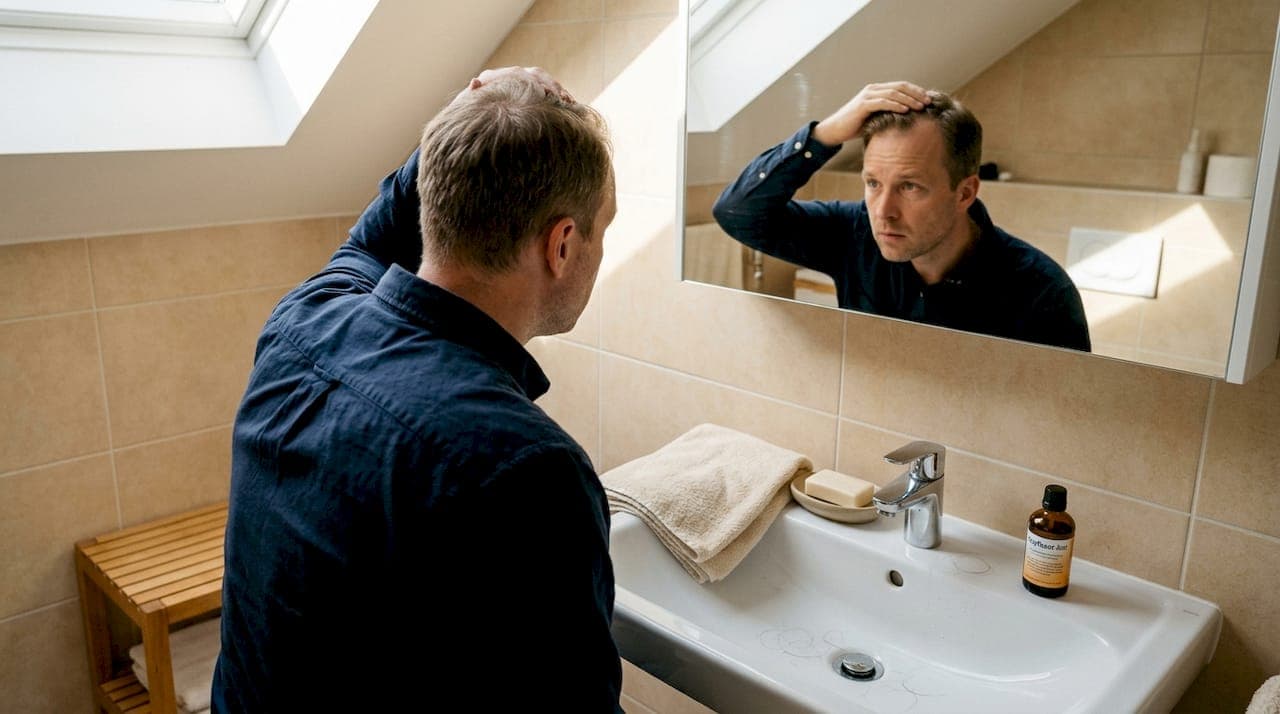 Ein Mann untersucht seinen Kopf auf Anzeichen von Haarausfall.