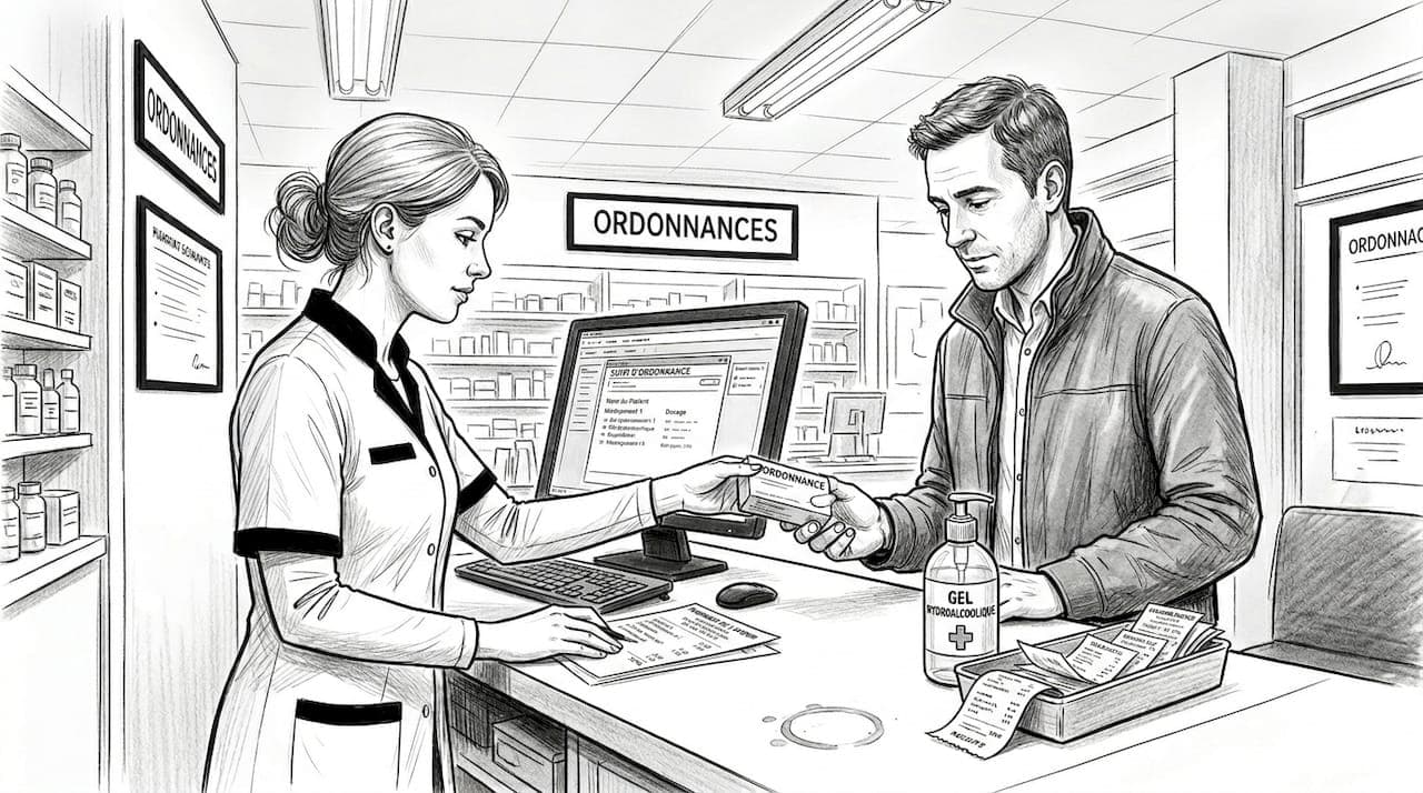 Le pharmacien remet un traitement contre la chute des cheveux à son patient.