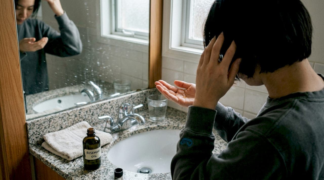 Hands applying rosemary oil to scalp