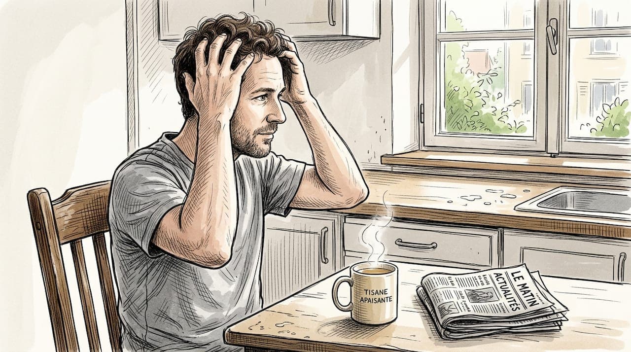 Un homme se fait un massage du cuir chevelu tranquillement chez lui.