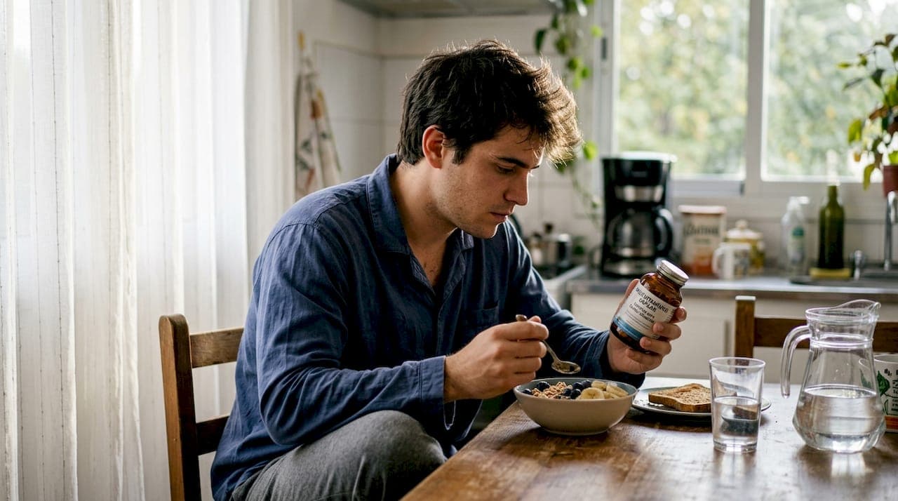 Hombre disfrutando de un desayuno saludable mientras se preocupa por el cuidado de su cabello