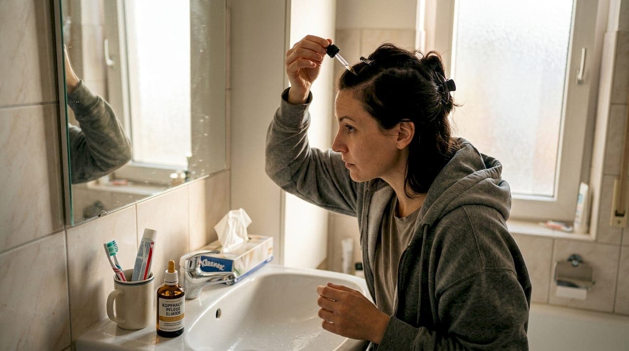 Eine Frau trägt im Badezimmer eine Kopfhautpflege auf.