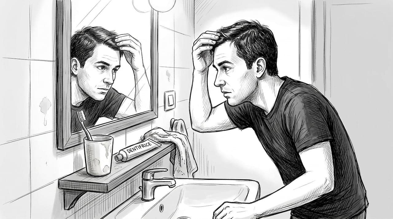 Chez lui, un homme observe avec attention son front dans le miroir, inquiet de voir sa chevelure s’éclaircir.