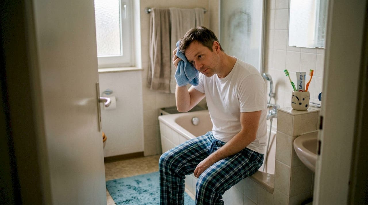 Ein Mann trocknet sich nach dem Duschen vorsichtig die Haare mit einem Handtuch ab.