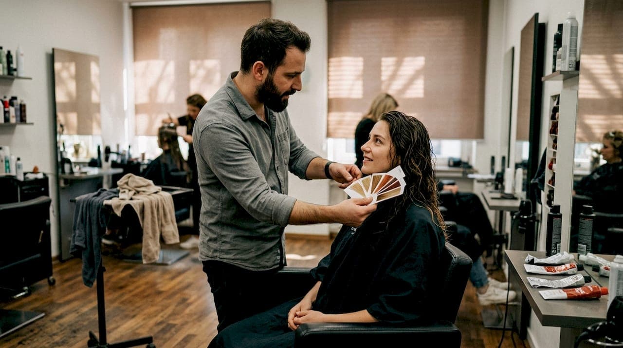 Eine Kundin lässt sich von ihrem Friseur zum passenden Haarschnitt beraten.