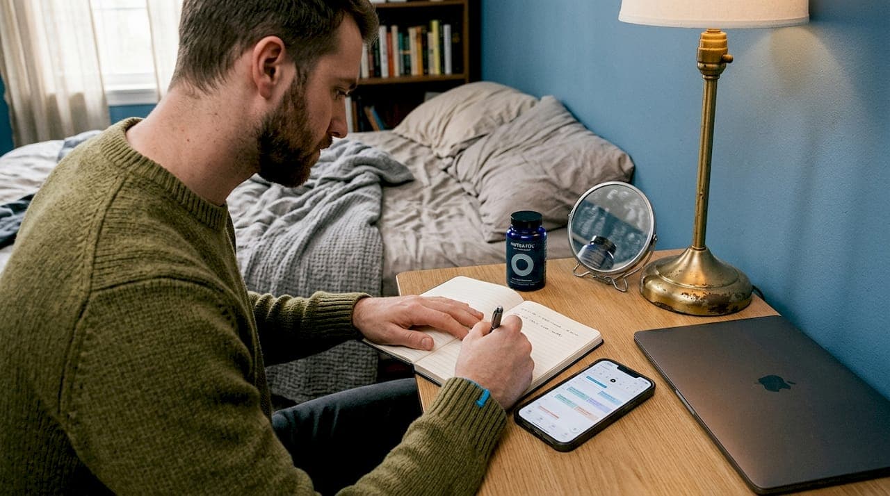 Man recording Nutrafol hair progress in journal