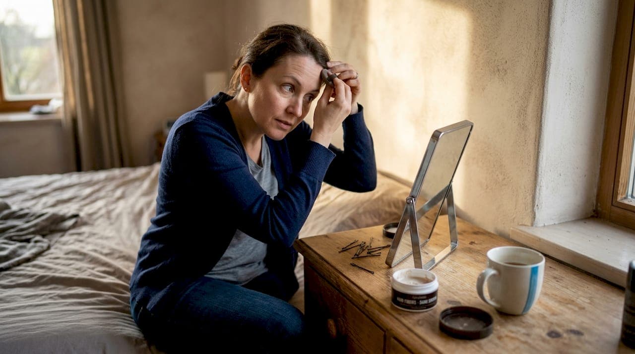 Woman applying hair fibers to hairline