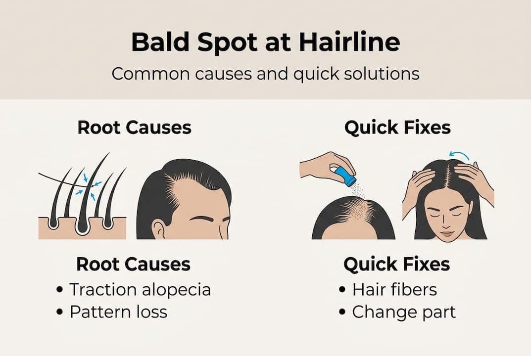 Infographic on causes and quick fixes for front hairline bald spots
