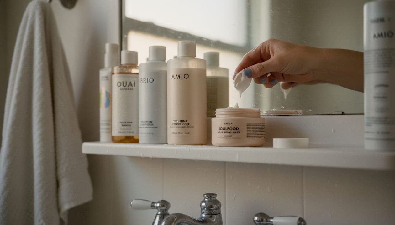 Thick hair shampoo and conditioner bottles shelf