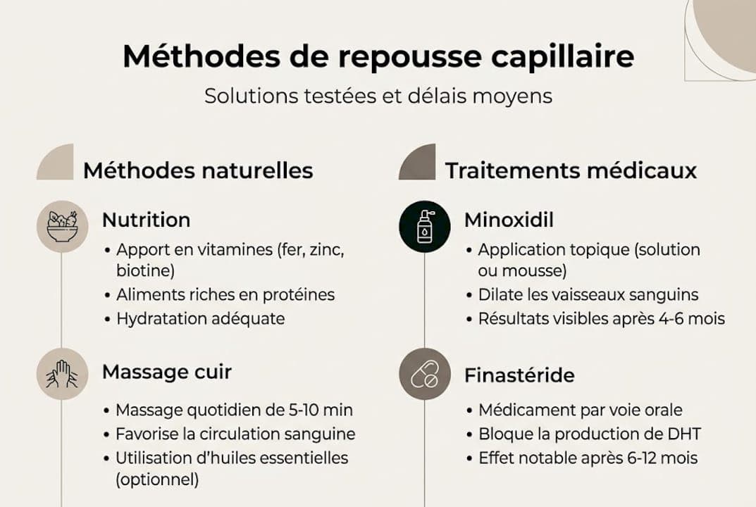 Infographie : quelles sont les méthodes pour favoriser la repousse des cheveux et quels résultats peut-on en attendre ?