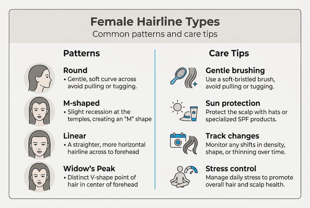 Infographic summarizing female hairline types and care tips