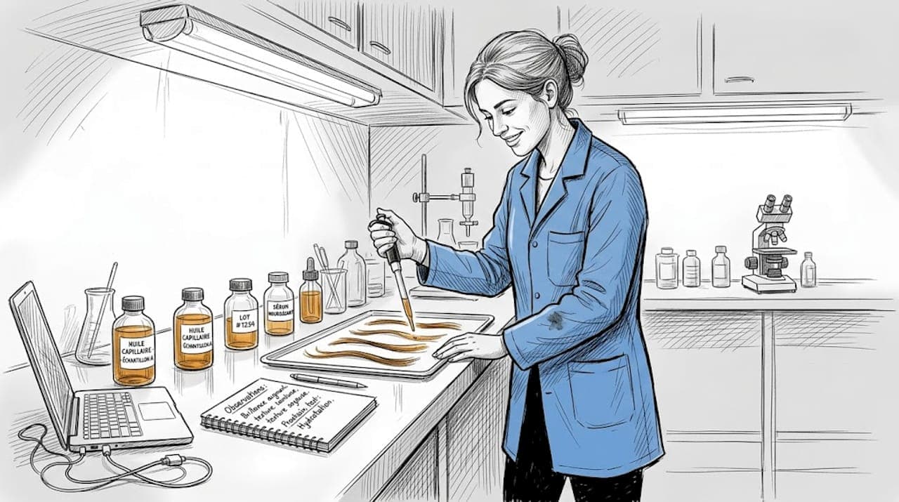 Un technicien de laboratoire analyse l'effet des huiles sur des échantillons de cheveux.
