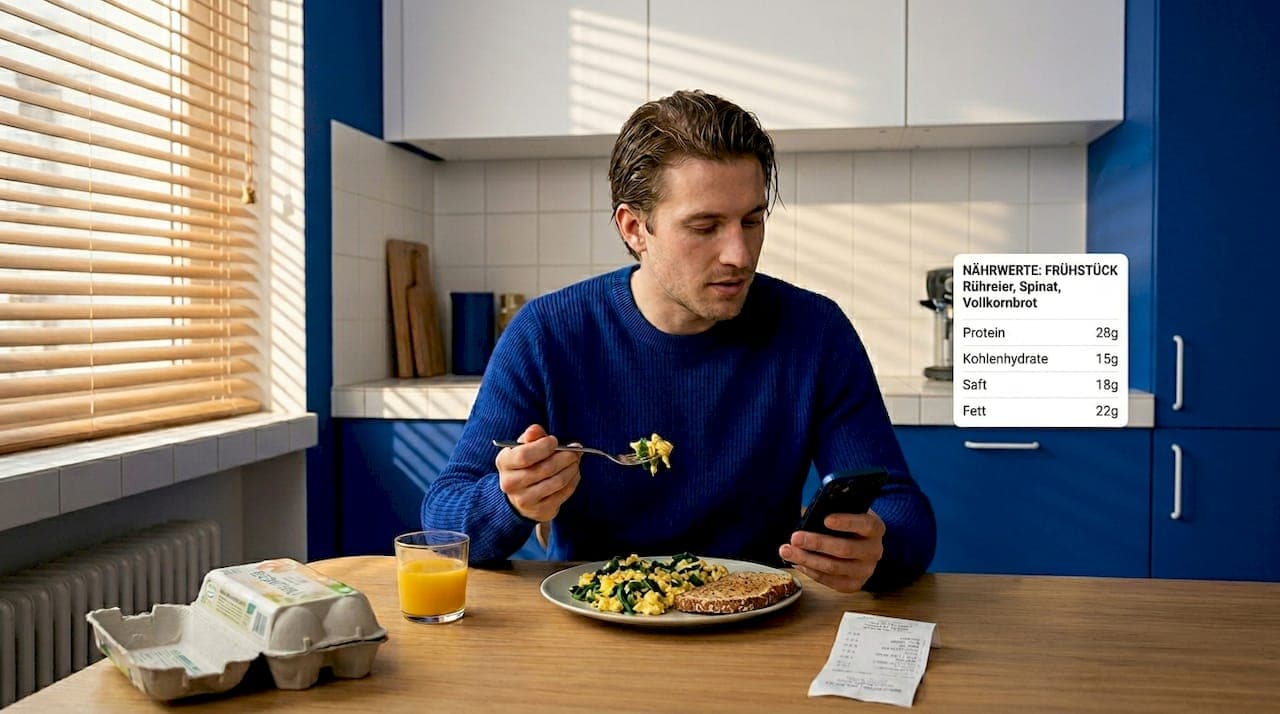 Ein Mann genießt ein ausgewogenes Frühstück, das speziell auf gesunde Haare abzielt.