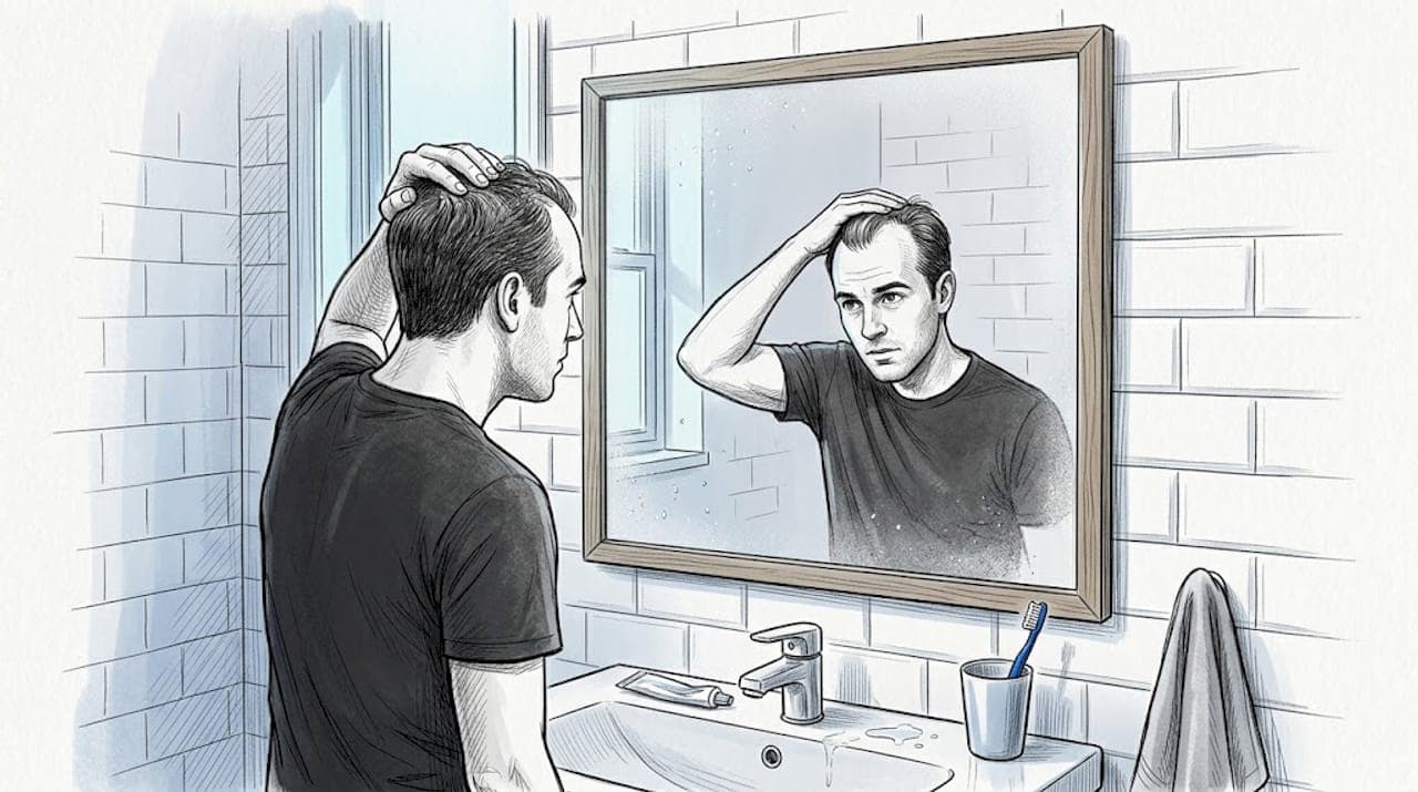 Un homme se scrute les cheveux devant le miroir de la salle de bain, inquiet de voir sa chevelure s’éclaircir.