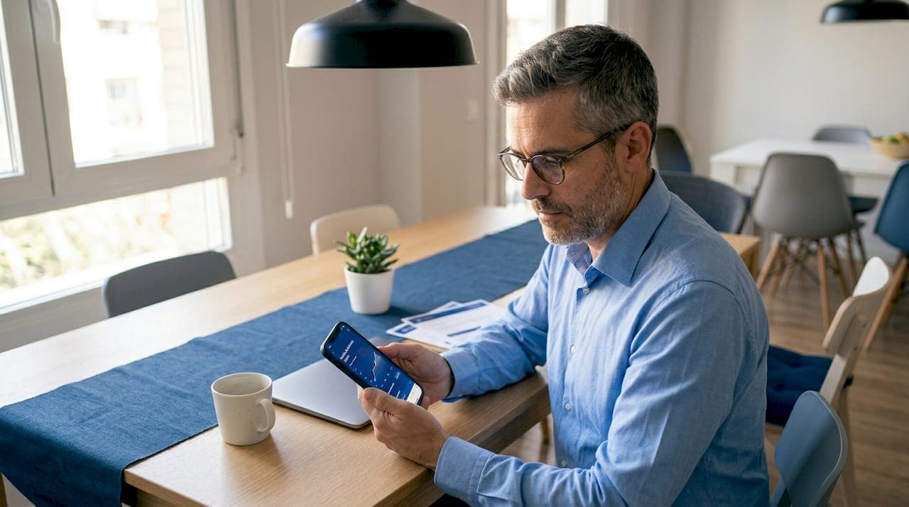 La persona consulta en casa el seguimiento digital de su salud capilar.