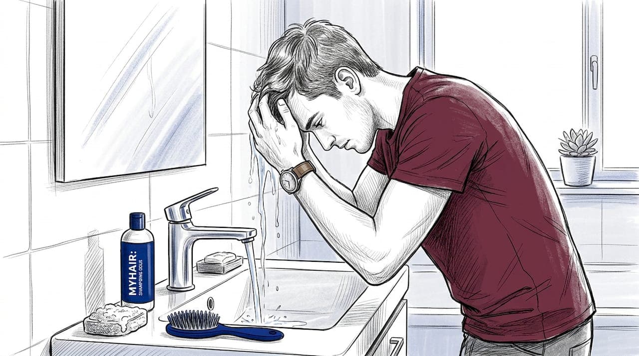 Un homme se rince les cheveux à l'eau froide au-dessus du lavabo.
