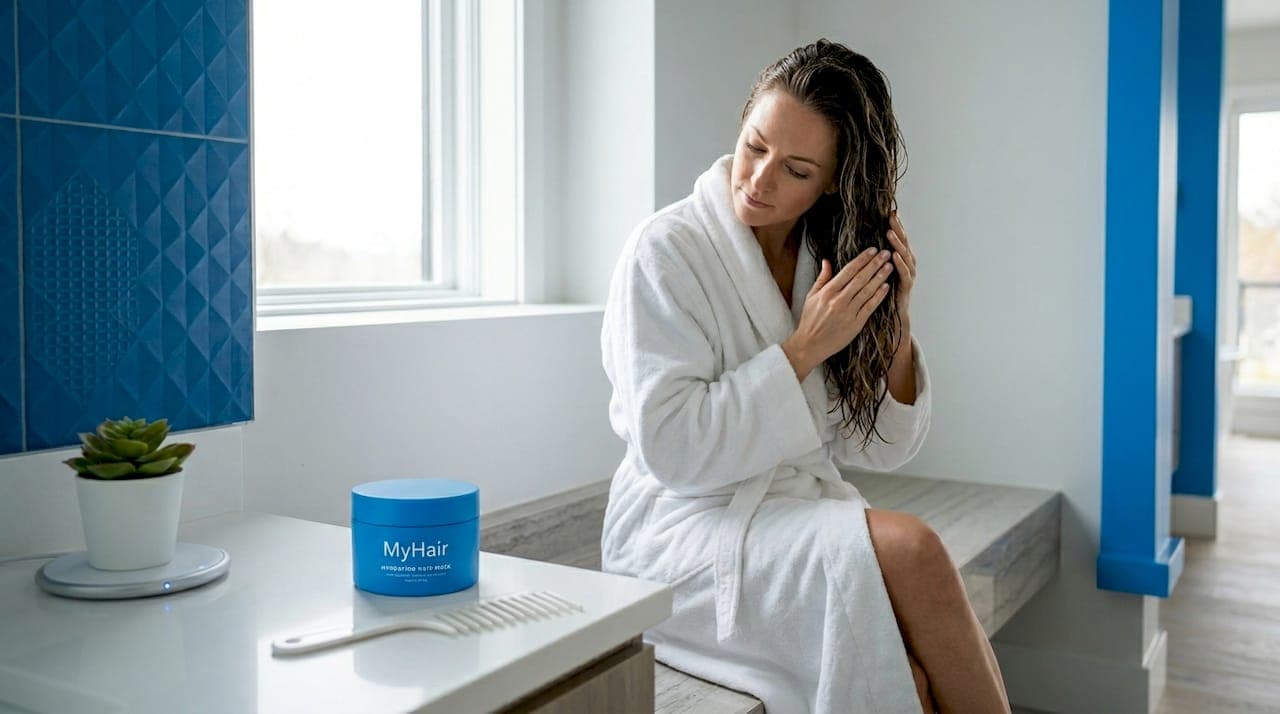 Woman applies hydrating mask in bathroom