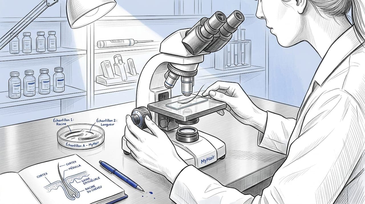 Un technicien de laboratoire observe attentivement un cheveu à l’aide d’un microscope.