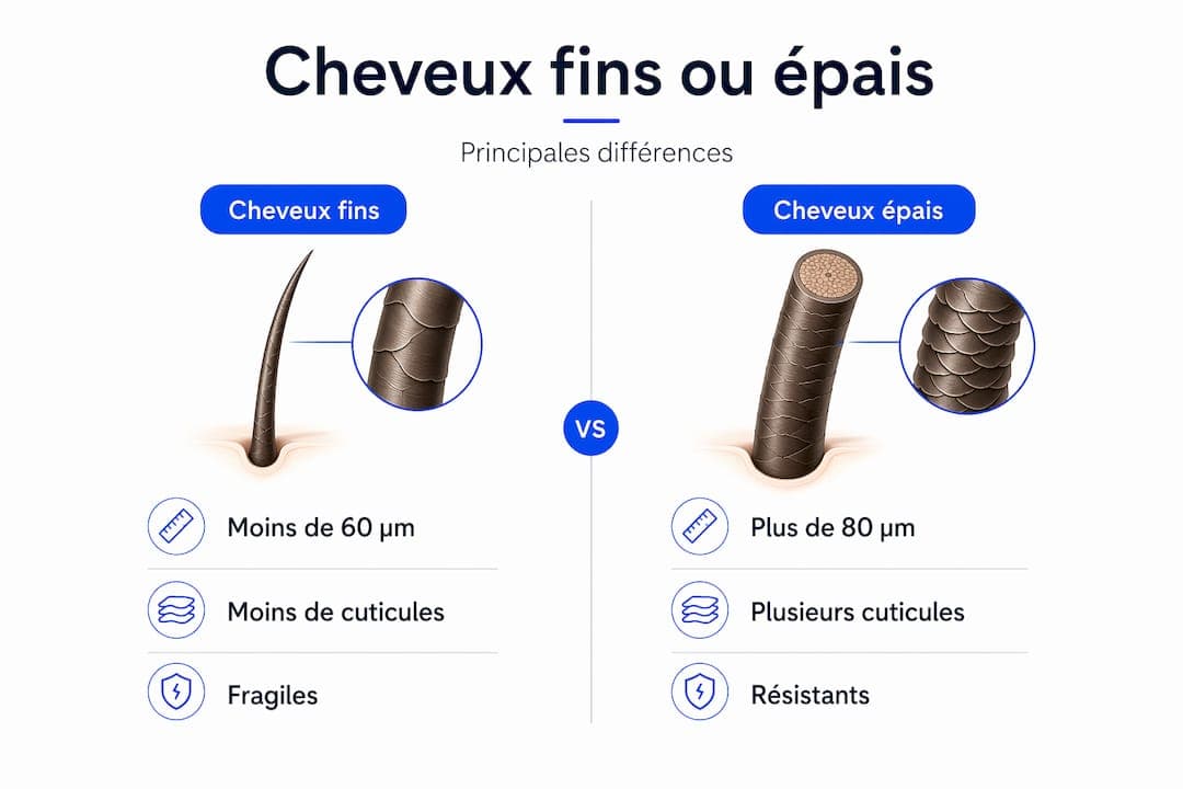 Infographie : les différences essentielles entre cheveux fins et cheveux épais