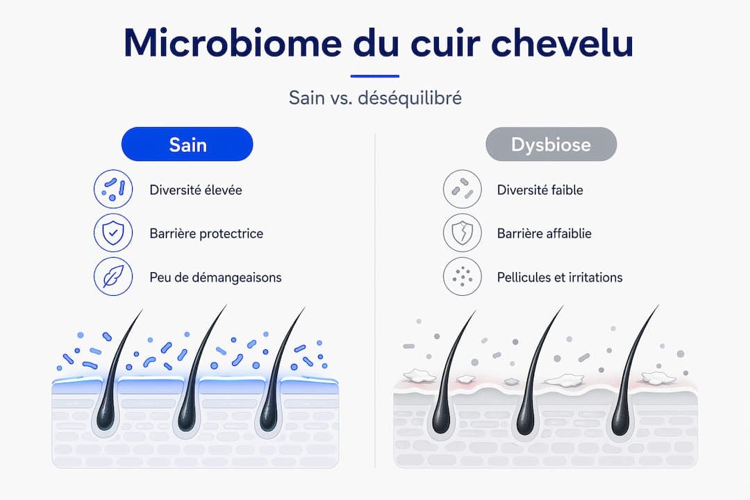 Infographie : différences entre un microbiote intestinal équilibré et une dysbiose