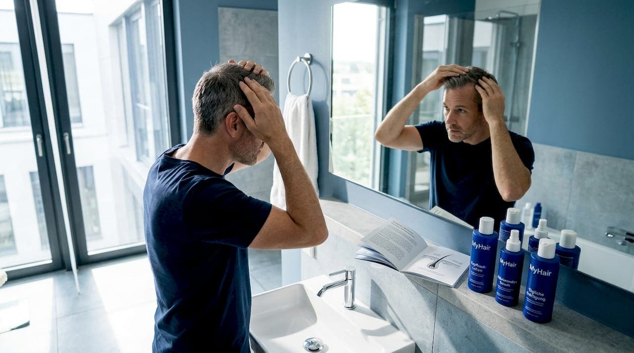 Ein Mann trägt eine Haarkur im heimischen Badezimmer auf.