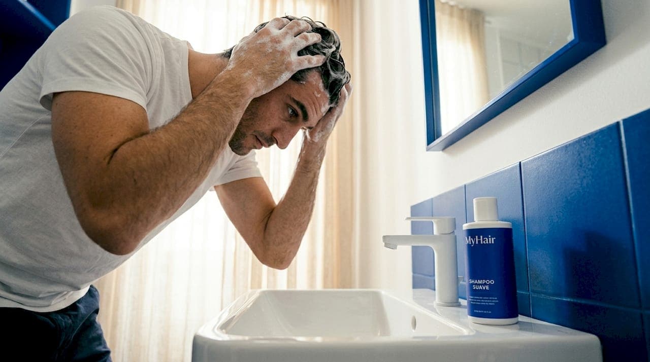 Un hombre se lava suavemente el cuero cabelludo sobre el lavabo del baño.