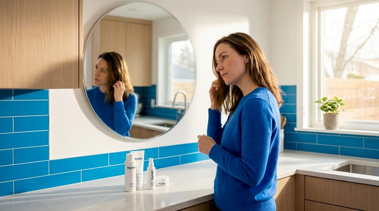 Woman examines hair for dryness in bathroom