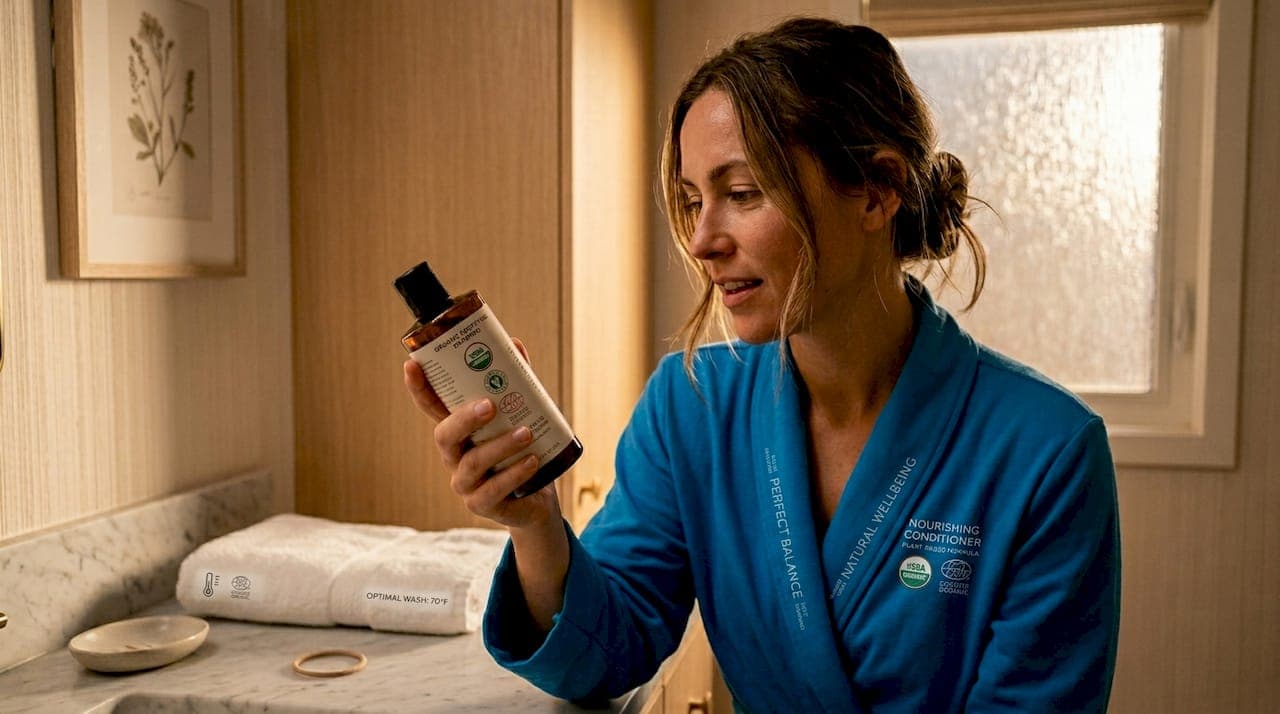 Woman checks organic shampoo bottle label