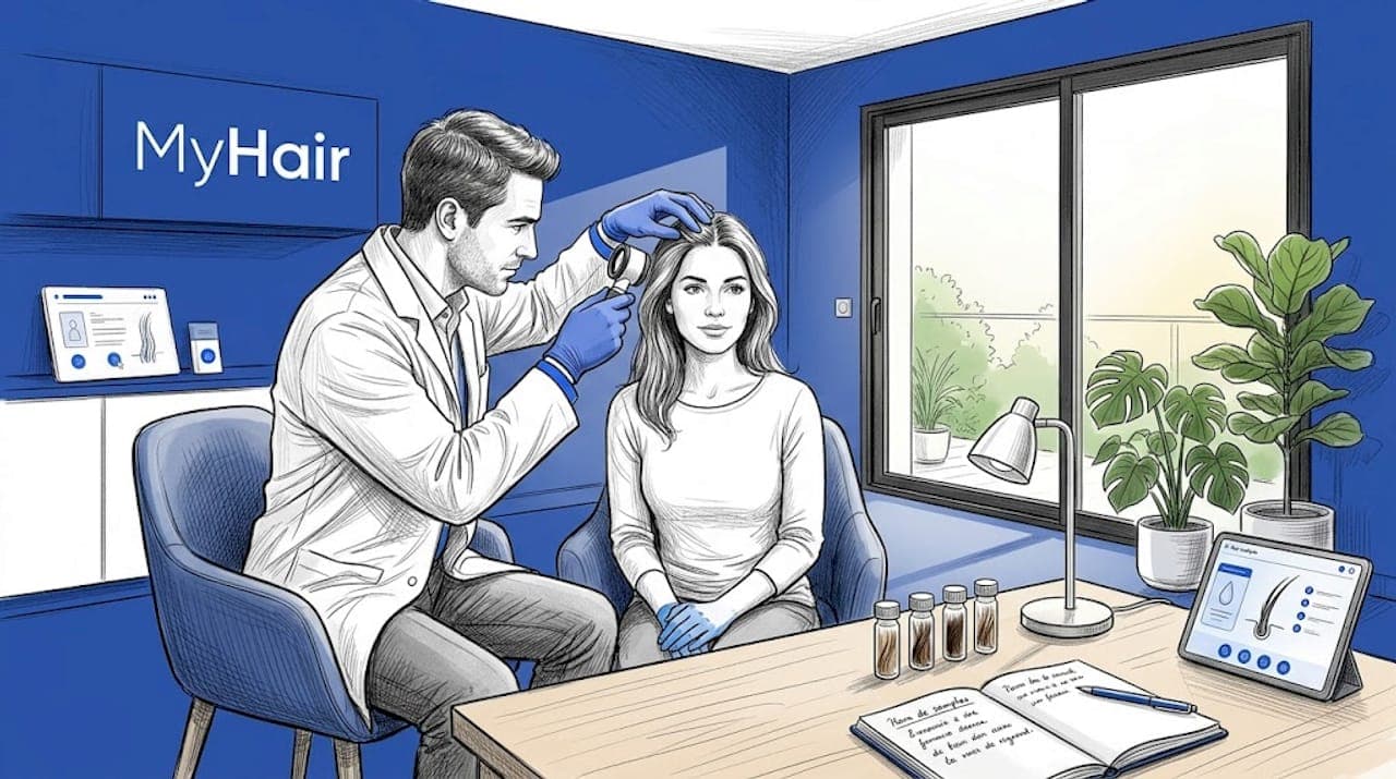 Le dermatologue procède à un examen minutieux du cuir chevelu de son patient.