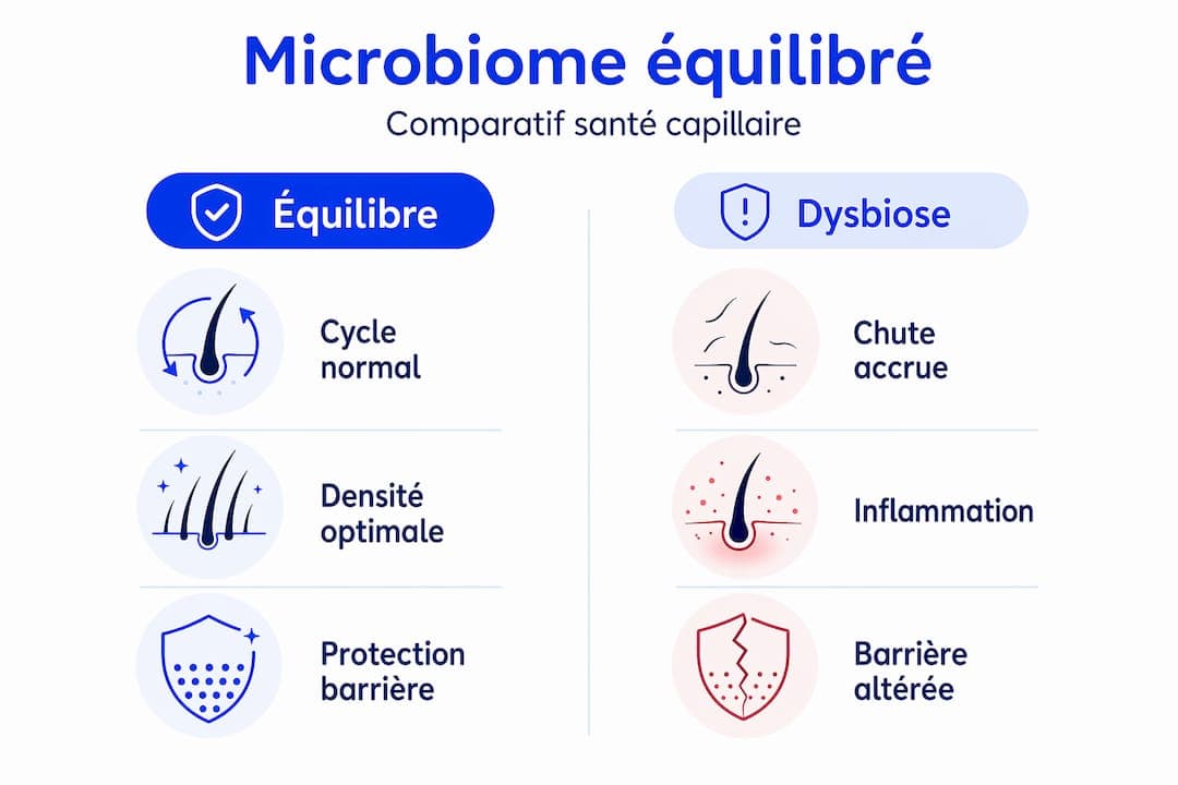 Visuel illustrant la différence entre un microbiote intestinal sain et une situation de déséquilibre (dysbiose)