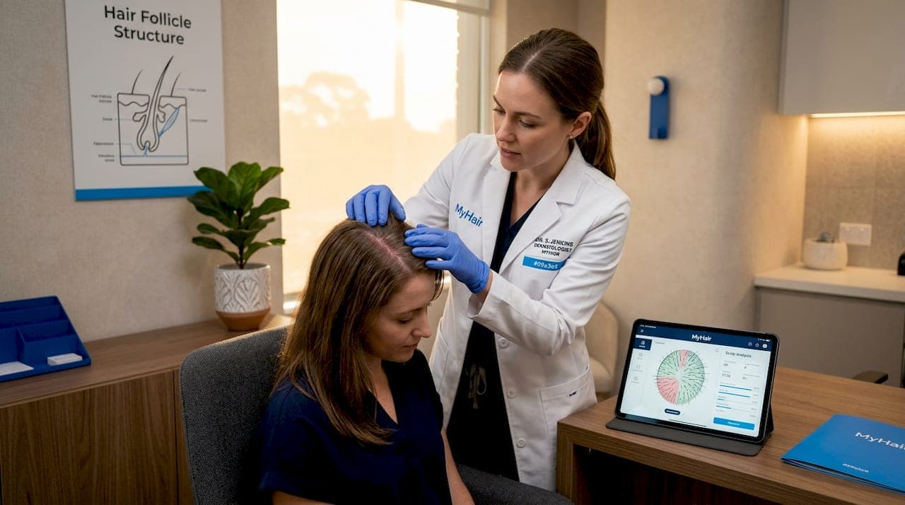 Dermatologist examines inflamed, flaky scalp for hair loss