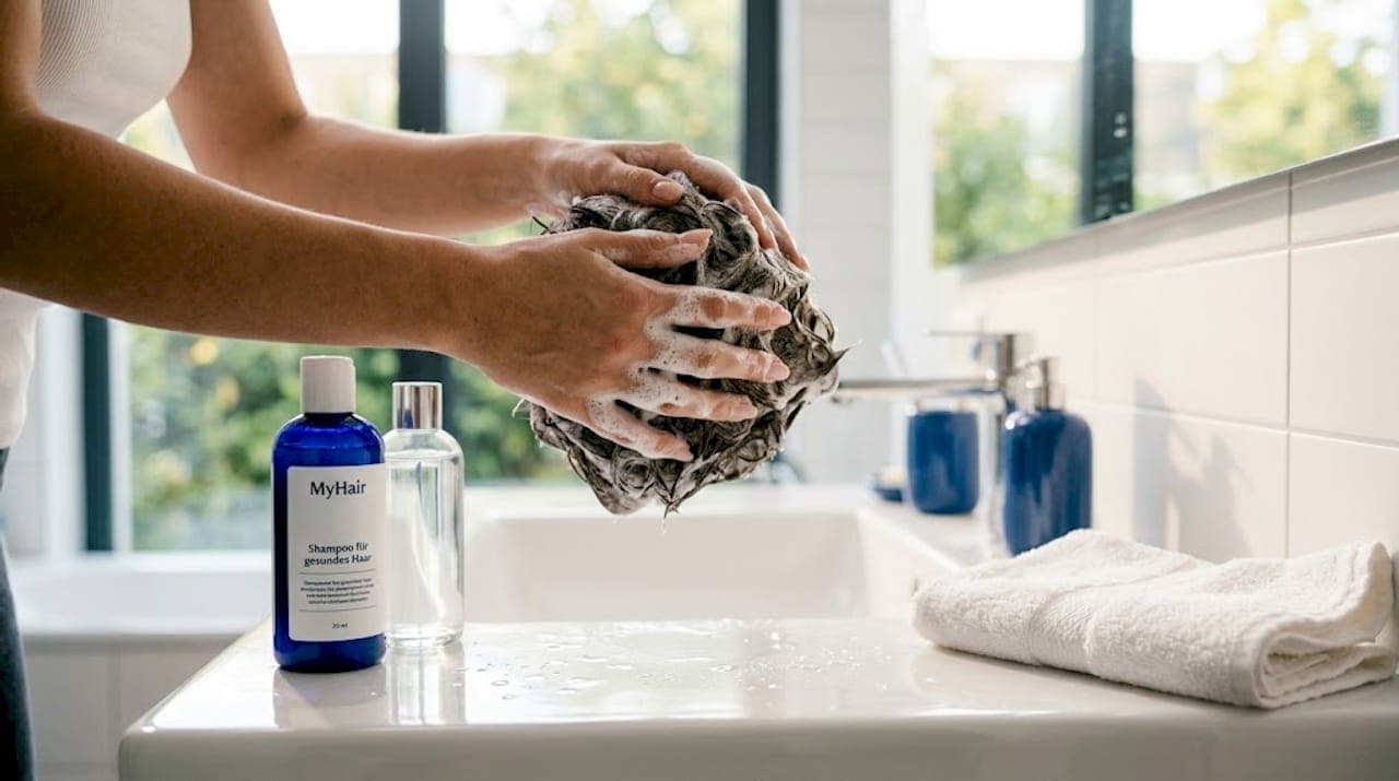Im Badezimmer trägt jemand Ketoconazol-Shampoo auf die Haare auf.