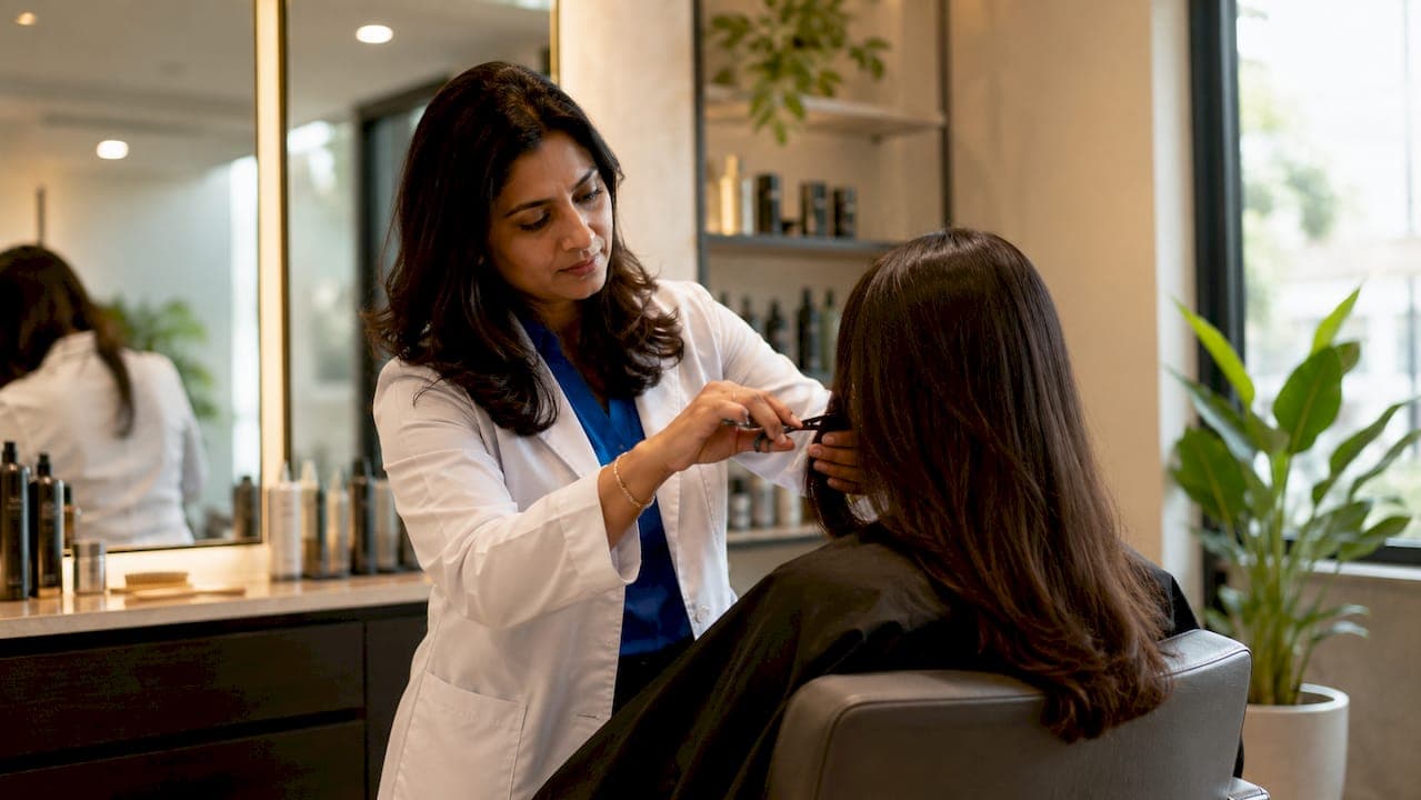 Dermatologist examining patient’s scalp gently