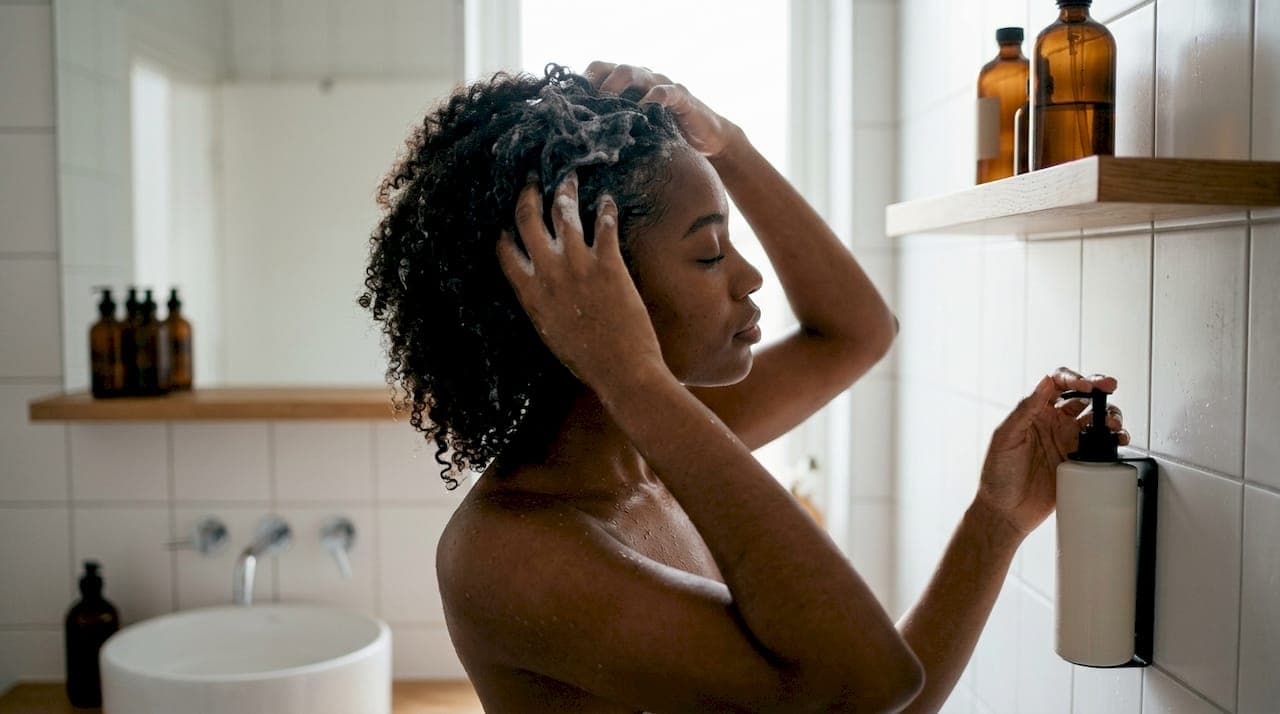 Mujer cuidando su cabello rizado con una rutina personalizada de lavado