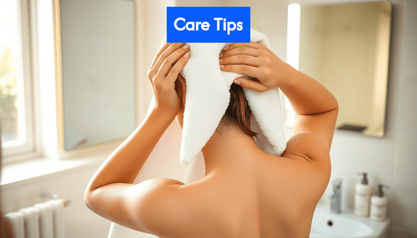 Person wrapping hair in microfiber towel in bathroom