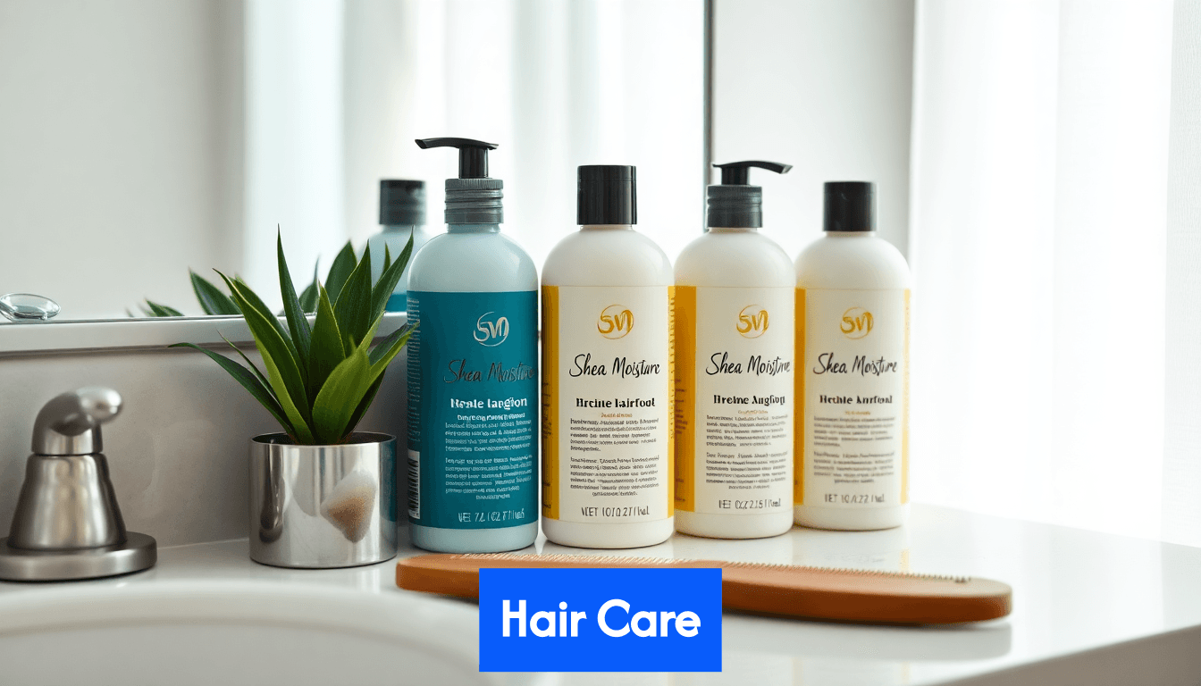 Shea Moisture products arranged on vanity